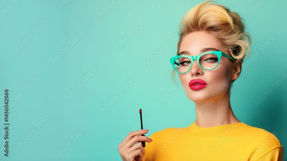 Style Icon with Vibrant Accessories: A stylish person, with a striking hairstyle and colorful glasses and top, is posing. Style Icon with Vibrant Accessories: A stylish person, with a striking hairstyle and colorful glasses and top, is posing.