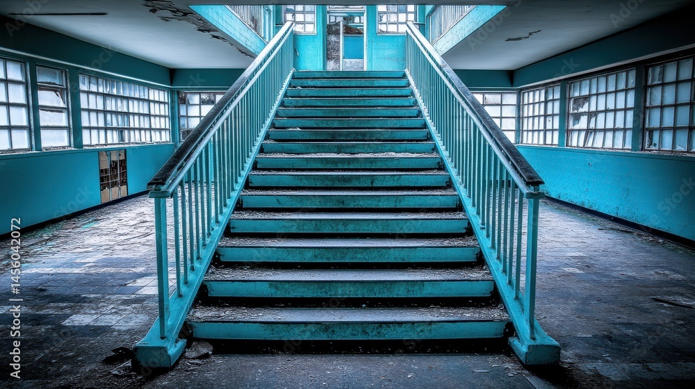 Fototapeta premium Cyan toned staircase ascendancy dramatic perspective architectonic structure urban exploration decaying architecture visual journey
