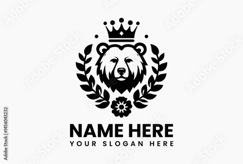 bear with abstract peony crown, modern vector logo for eco-luxury skincare and national parks  