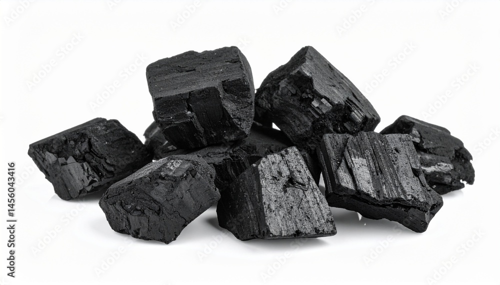 Close up view of a pile of black charcoal briquettes perfect for BBQ or industrial use Close up view of a pile of black charcoal briquettes perfect for BBQ or industrial use