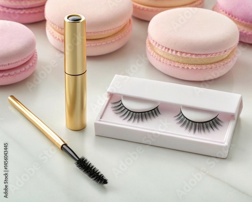 Feminine beauty scene with false eyelashes and macarons