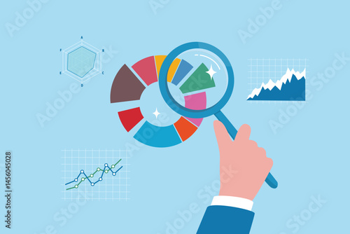 Magnifying glass analyzing investment graph and chart diagram, research statistics, oversight or insight information, market trend concept, businessman hand holding magnifying glass analyze graph.