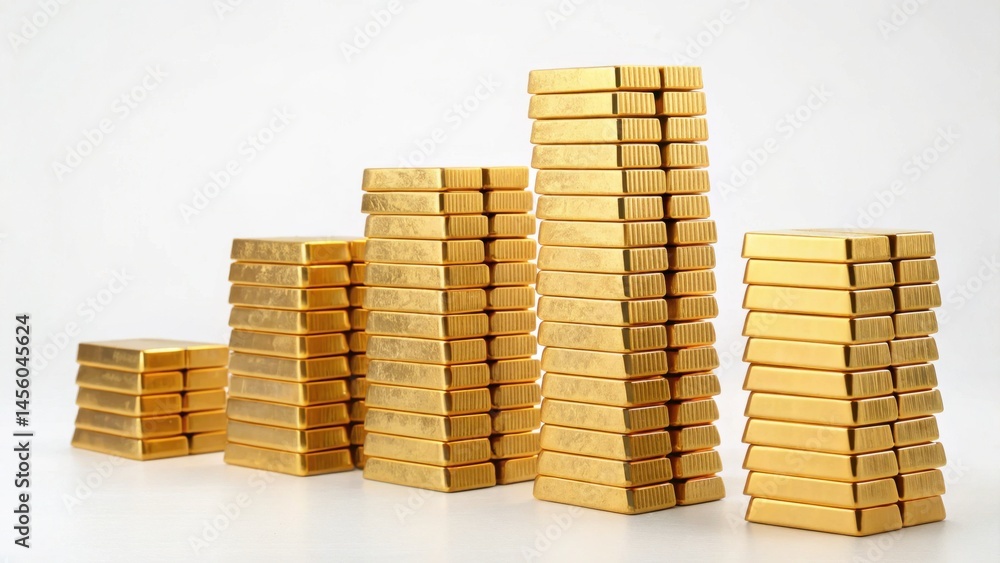 Multiple stacks of shiny gold bars are arranged neatly against a plain background, symbolizing wealth and financial success in a modern setting Multiple stacks of shiny gold bars are arranged neatly against a plain background, symbolizing wealth and financial success in a modern setting