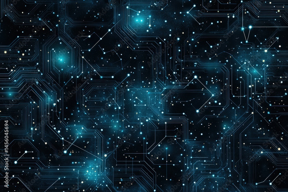 Star constellation grid with glowing circuits in space