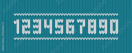 Numbers on knit pattern for sweater, wool jumper. Font for signs from zero to 9 with knitwear texture on blue background. Fabric pattern with numbers, vector illustration