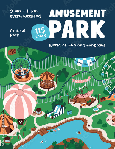 Amusement park event poster design. Advertising template of outdoor entertainment, funs. Promotion layout with ferris wheel, carousels, roller coaster on summer landscape. Flat vector illustration