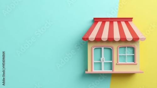 Second Hand Marketplace. Small shop. Toy model. Blue yellow backgroun