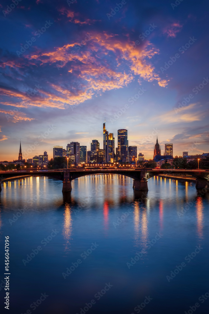 Evening view of the illuminated skyline of Frankfurt, Germany