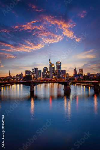 Evening view of the illuminated skyline of Frankfurt, Germany