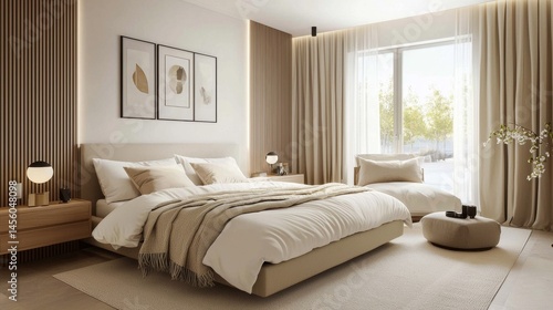 Beige Minimalist Bedroom with Wood Accent Wall and Natural Light, Bedroom, Interior Design