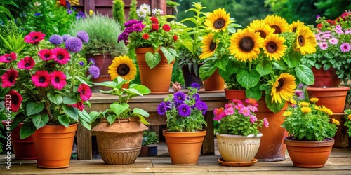 Wallpaper Mural Vibrant petunias and sunflowers in a colorful array of pots adorn a sunny patio with lush greenery, inviting relaxation on warm days , outdoor garden, serene atmosphere Torontodigital.ca