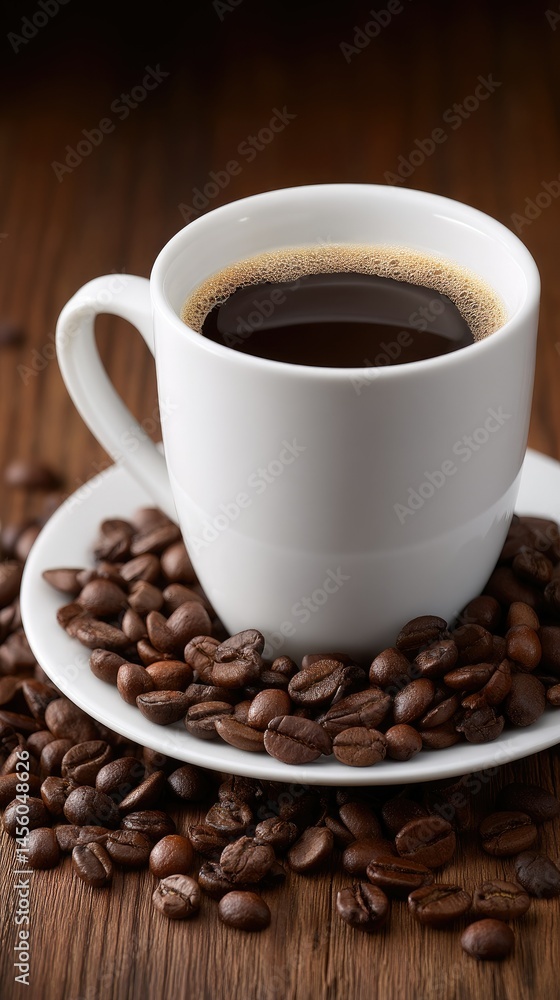 Fototapeta premium Close-up of a glass filled with dark coffee surrounded by scattered coffee beans on a black background creating an elegant and inviting atmosphere
