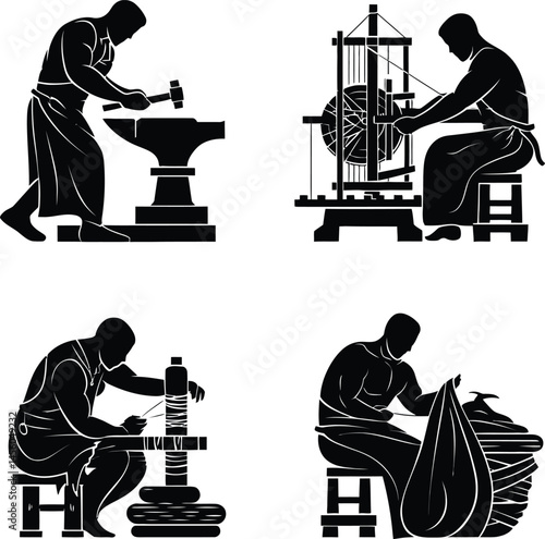 Traditional Craftsmanship Silhouette Collection Featuring Four Unique Scenes: A Blacksmith Hammering an Anvil, a Weaver Working at a Loom, a Machinist Operating a Lathe, and a Tailor Sewing Fabric