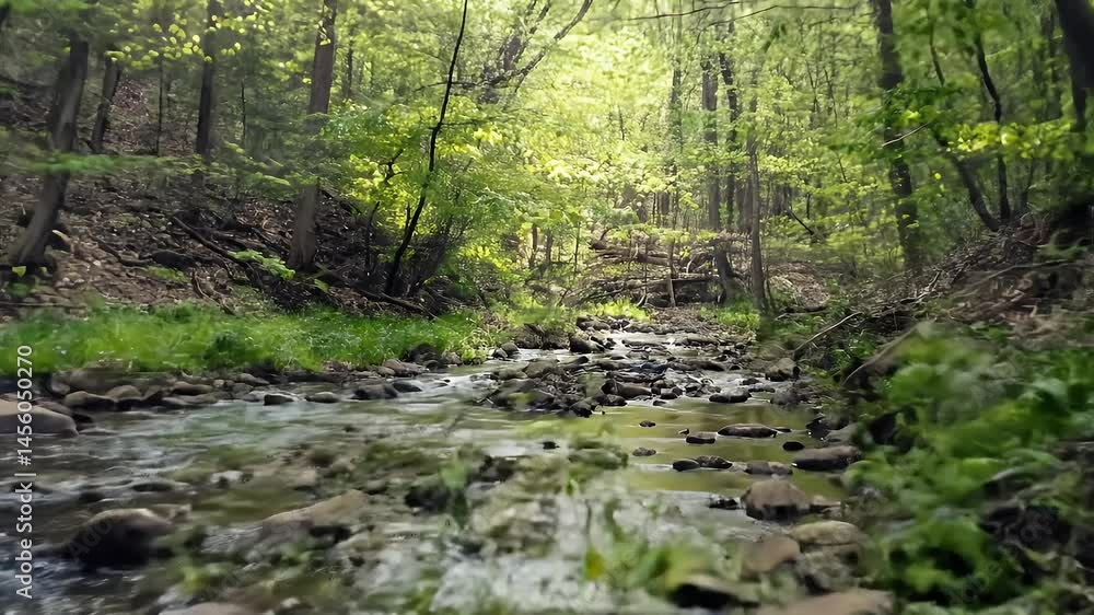 Lush Forest Stream Glides Over Mossy Rocks Surrounded By Sunlight And Greenery Creating An Ethereal Woodland Backdrop Lush Forest Stream Glides Over Mossy Rocks Surrounded By Sunlight And Greenery Creating An Ethereal Woodland Backdrop