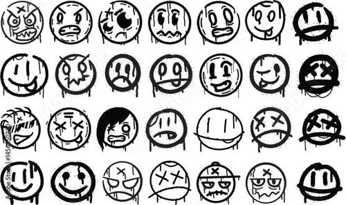 Graffiti-style grunge smiley face vector icons with dripping spray paint and expressive emotions, ideal for streetwear designs, urban art, edgy stickers, punk graphics, and alternative branding.

