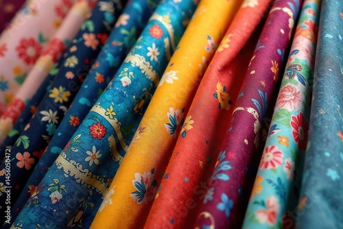Various fabric swatches displaying repeating prints , design, handmade, industry