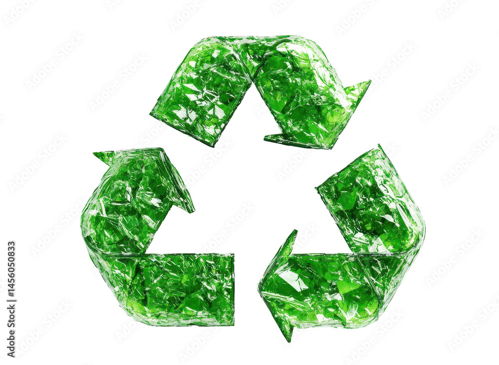 Shiny plastic green recycling symbol emphasizing sustainability