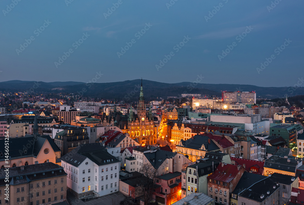 Evening skyline cityscape of Liberec, Czech Republic. Panoramic aerial view of the old town (staré město) at dusk