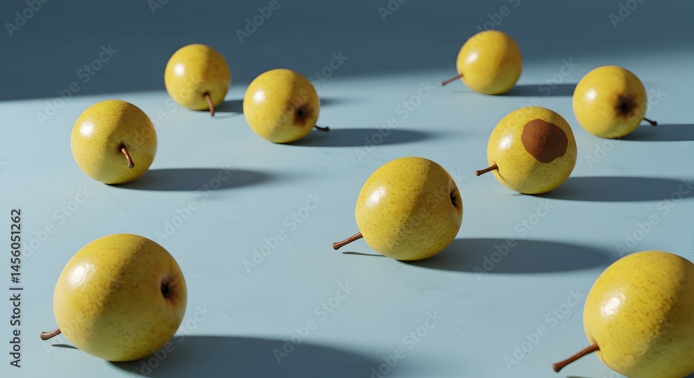 Fototapeta premium Fresh Yellow Pears On Pale Blue Backdrop with Strong Light and Shadow