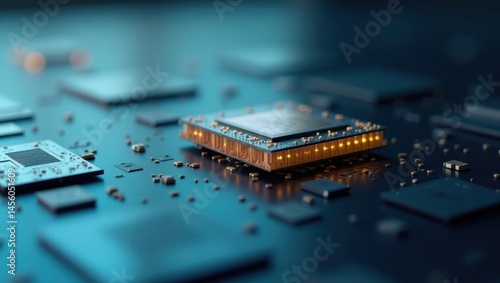 Semantic Layer. Neural processing unit Epyc igpu IIoT chiplet TinyML NVM Express Axelera ai Cerebras systems asml Microchip circuit board close-up with glowing processo