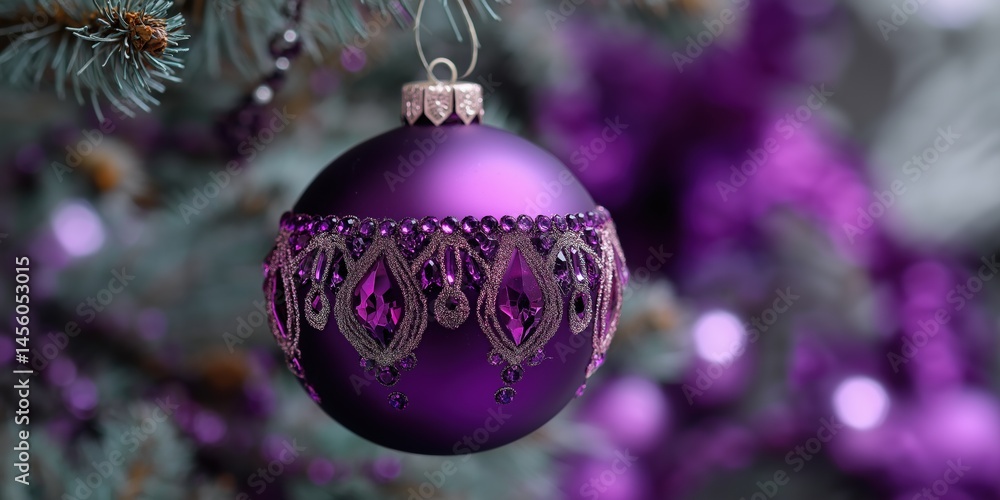 A purple ornament hanging from a tree. The ornament is decorated with beads and has a gold trim