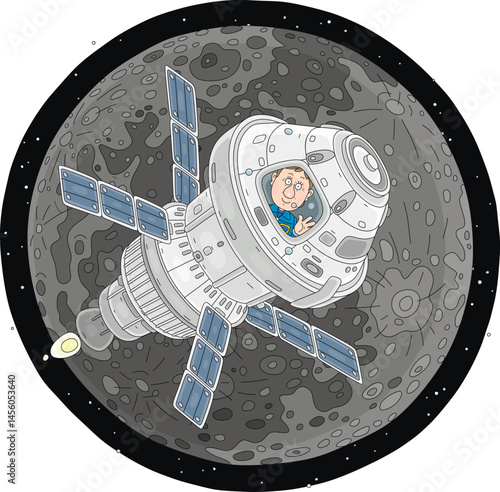 Astronaut in a scientific spaceship with solar panels flying in orbit around the Moon on the background of a starry sky, vector cartoon illustration isolated on a white background