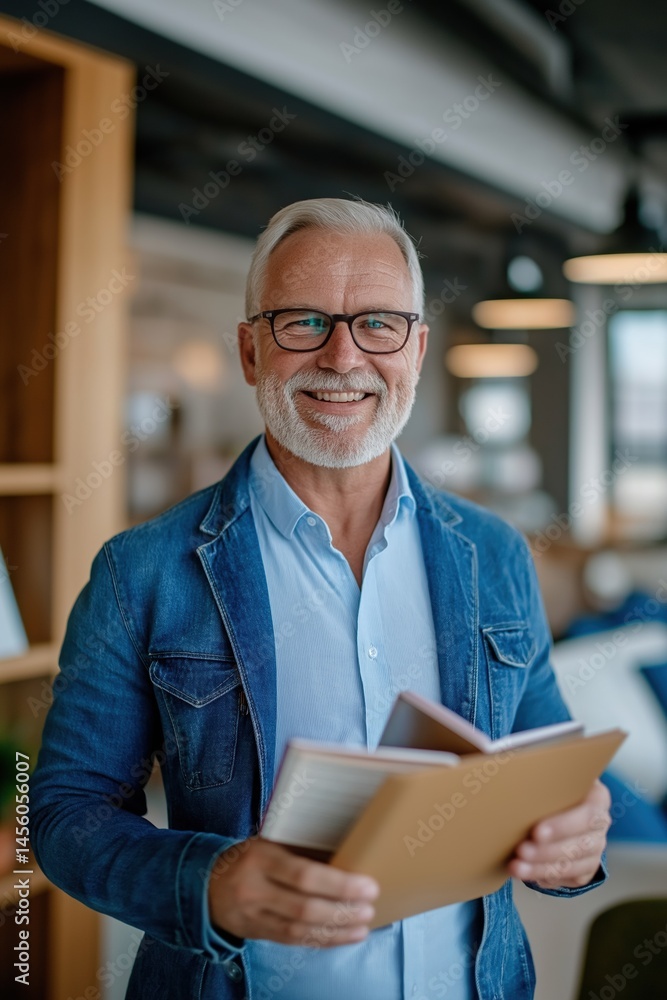Mature caucasian male in denim jacket holding book in modern office setting