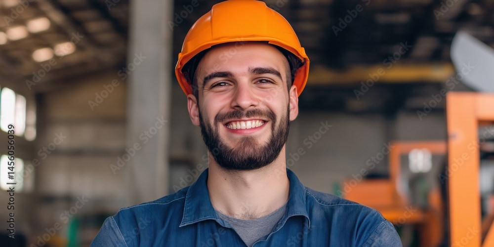 Young caucasian male engineer in orange hard hat smiling in industrial setting