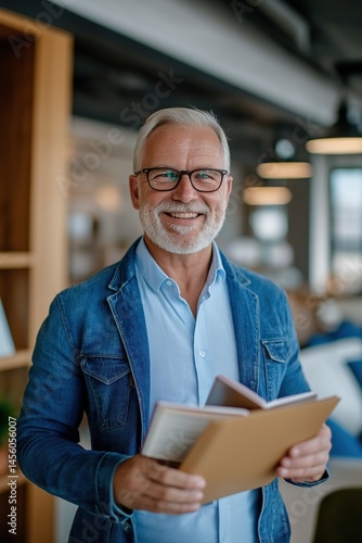 Obraz na płótnie Mature caucasian male in denim jacket holding book in modern office setting w salonie
