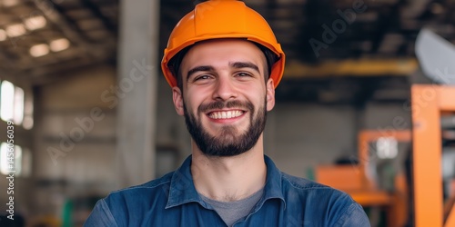 Obraz na płótnie Young caucasian male engineer in orange hard hat smiling in industrial setting w salonie