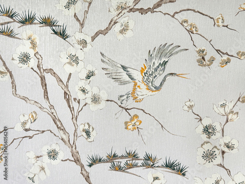 Photography Close up of floral tree branches and bird theme printed wallpaper