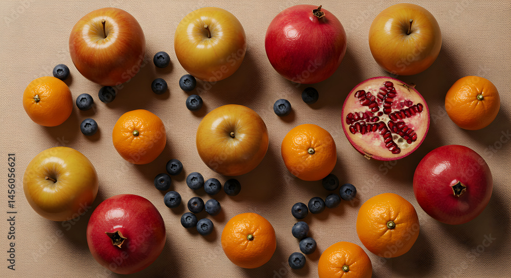 Vibrant Arrangement Of Fresh Fruits Pomegranates Apples Oranges And Blueberries Vibrant Arrangement Of Fresh Fruits Pomegranates Apples Oranges And Blueberries