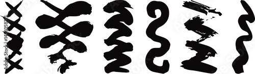 Set of hand-drawn black brush squiggle and scribble vector elements with expressive texture, perfect for abstract design, art backgrounds, digital collages, and grunge creative compositions.

