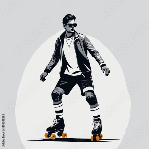 Trendy man skating with confidence on roller skates against gray background  