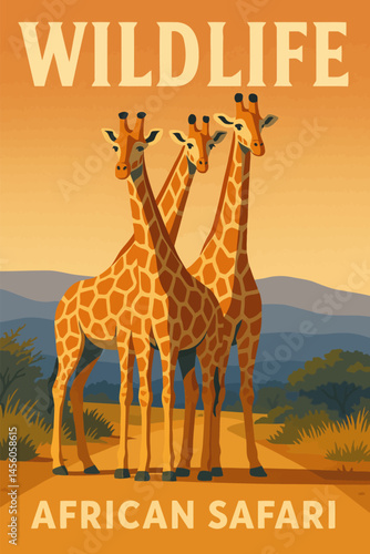 Giraffe Family Walking on Safari Artwork Poster in Africa