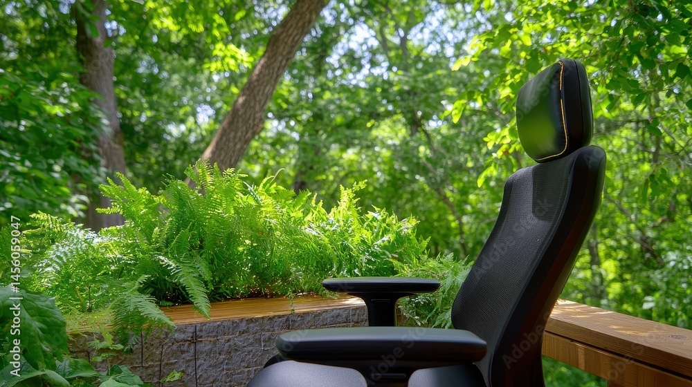 Fototapeta premium Black Ergonomic Office Chair Surrounded By Lush Greenery On A Sunny Deck Outdoors