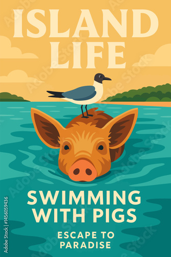 Pig Swimming with Bird in Tropical Waters Island Getaway Design
