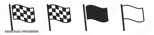Checkered racing flags with different styles, isolated on a transparent white background. Flying chequered crossed race flags. Vector flag illustration
