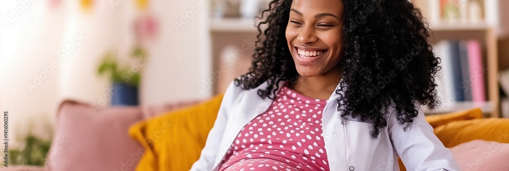 Smiling african female adult in polka dot dress relaxing indoors