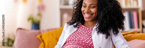 Smiling african female adult in polka dot dress relaxing indoors