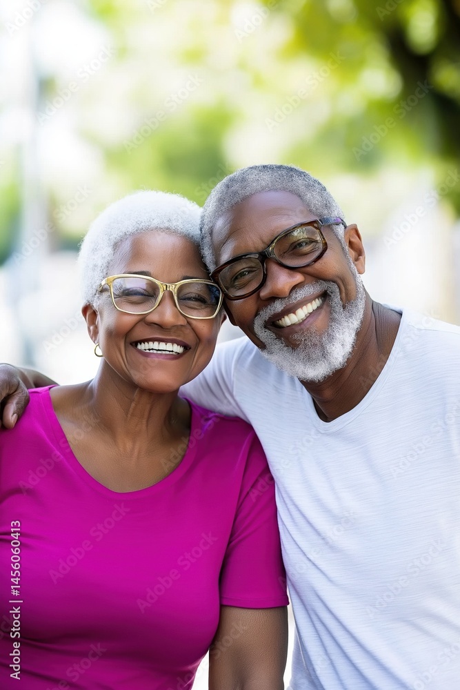 Elderly african couple smiling outdoors in bright clothing