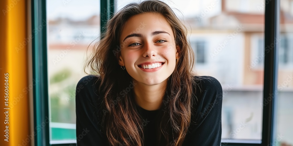 Young caucasian female smiling indoors with natural light from window