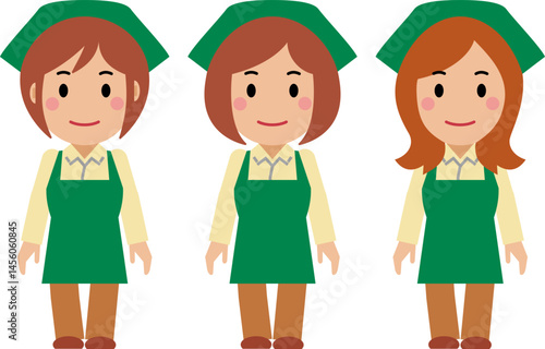 両手を下ろし、すまし顔の緑エプロンの若い女性