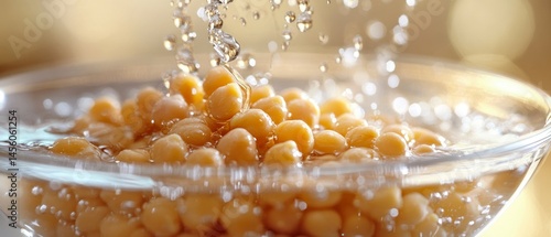 Chickpeas soak in clear glass bowl under pouring water, ready for culinary use.