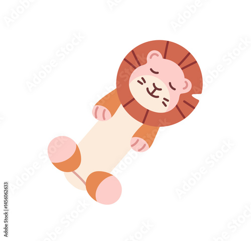 Cute baby rattle with lion shape. Icon of plastic beanbag toy for newborns. Shaking accessory for infants to play. Kids care tool to have fun. Flat isolated vector illustration on white background
