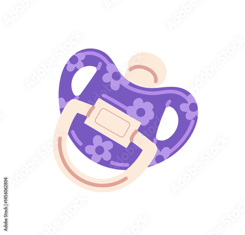 Cute purple nipple is patterned with flowers. Silicone or rubber pacifier for newborns, infants. Baby care accessory icon. Kids toy for suckling. Flat isolated vector illustration on white background