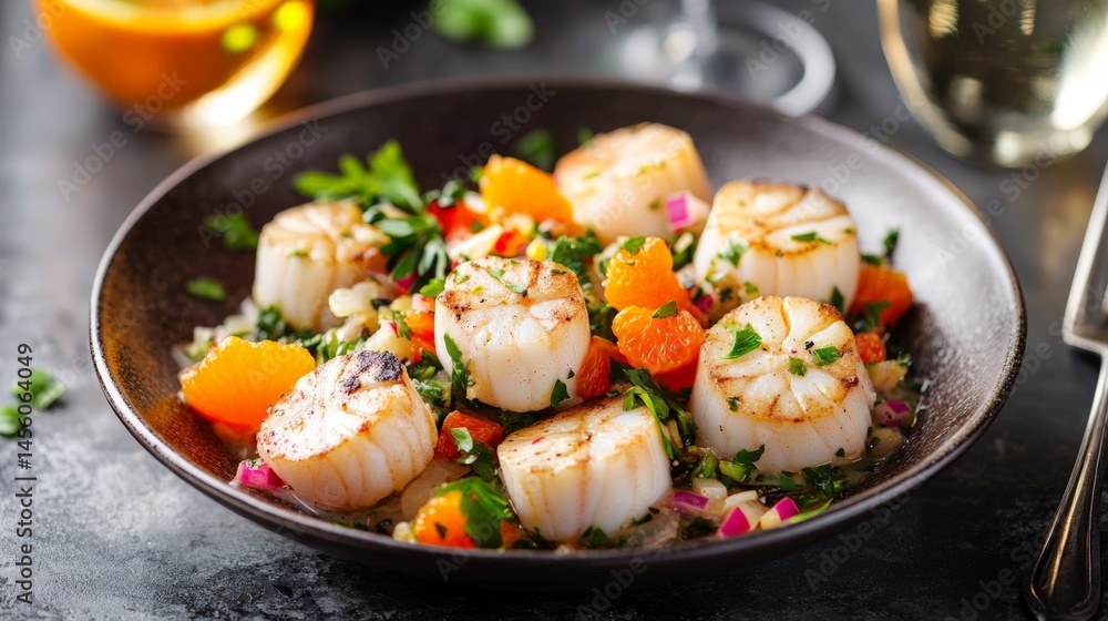 Grilled scallops with fresh citrus and herb garnish in a rustic black bowl Grilled scallops with fresh citrus and herb garnish in a rustic black bowl
