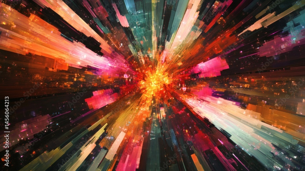 Cityscape zoom burst, vibrant colors, night, abstract background, design