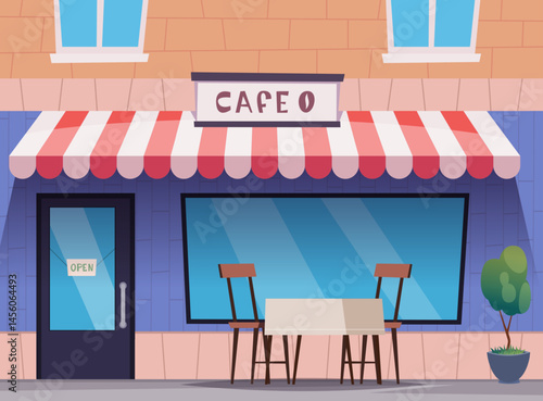 City cafe. exterior of urban cafe with table and chairs cozy place for breakfast or dinner