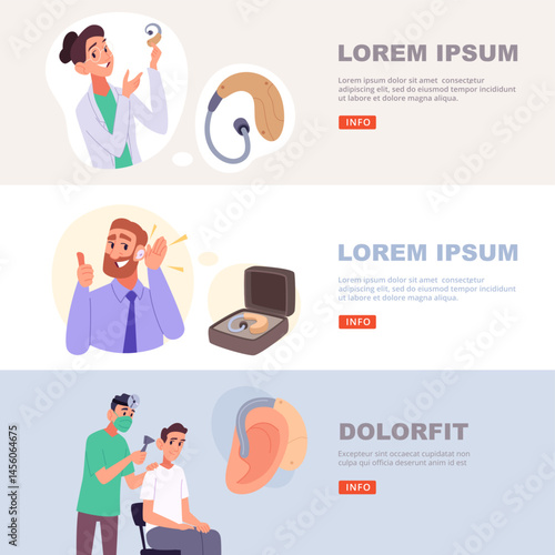 Hearing aid. smart gadget for deaf people. medical treatment banners